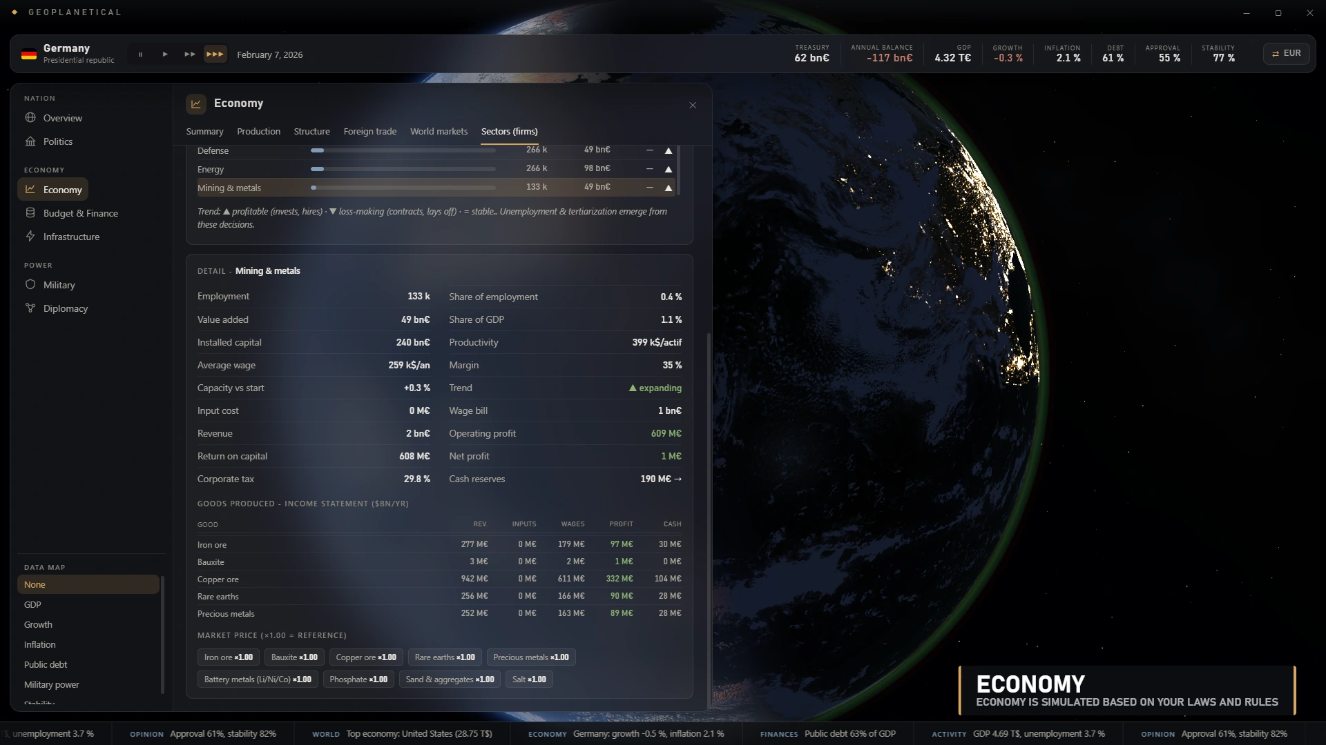 Economy management screen overlaid on the night side of the Earth
