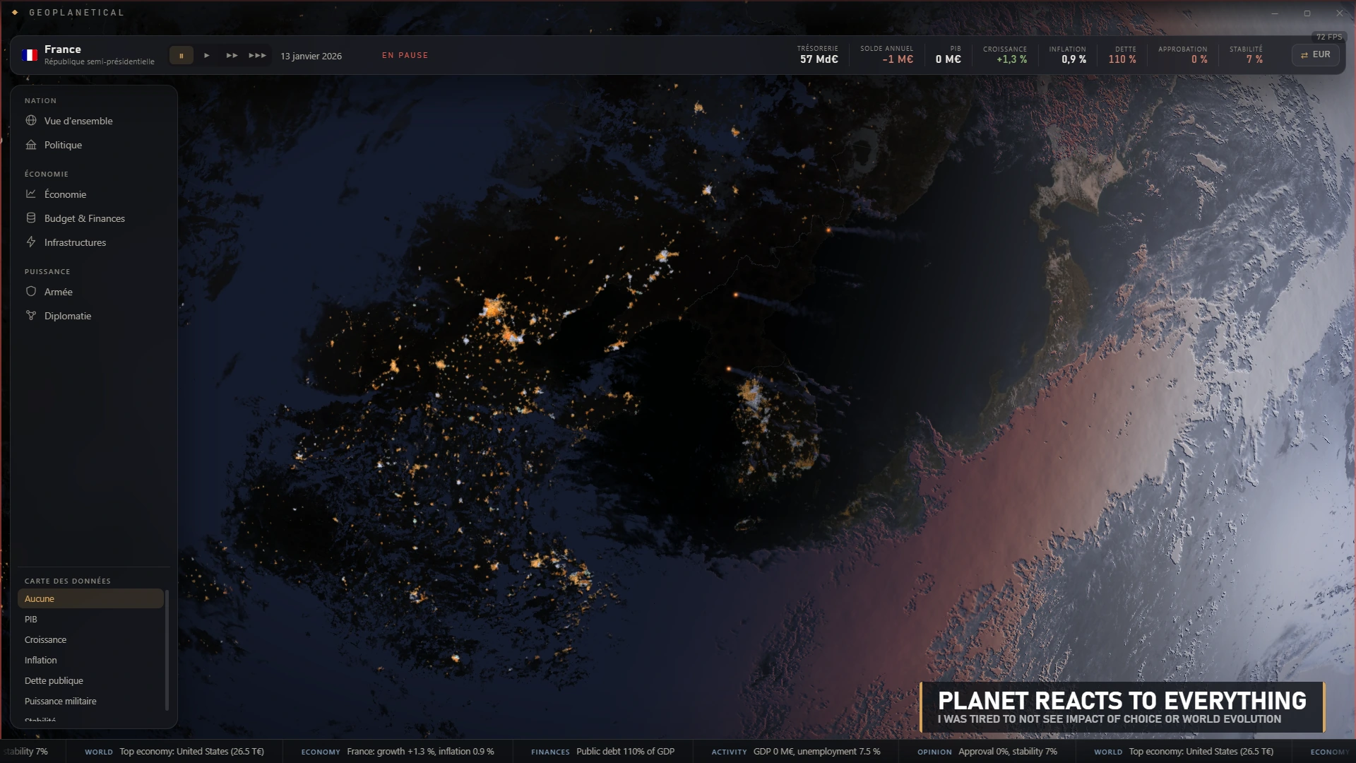 The Earth at night with city lights reacting along the day-night terminator